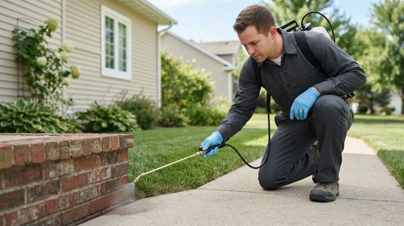 Pest control technician treating a home near Geneva, NY